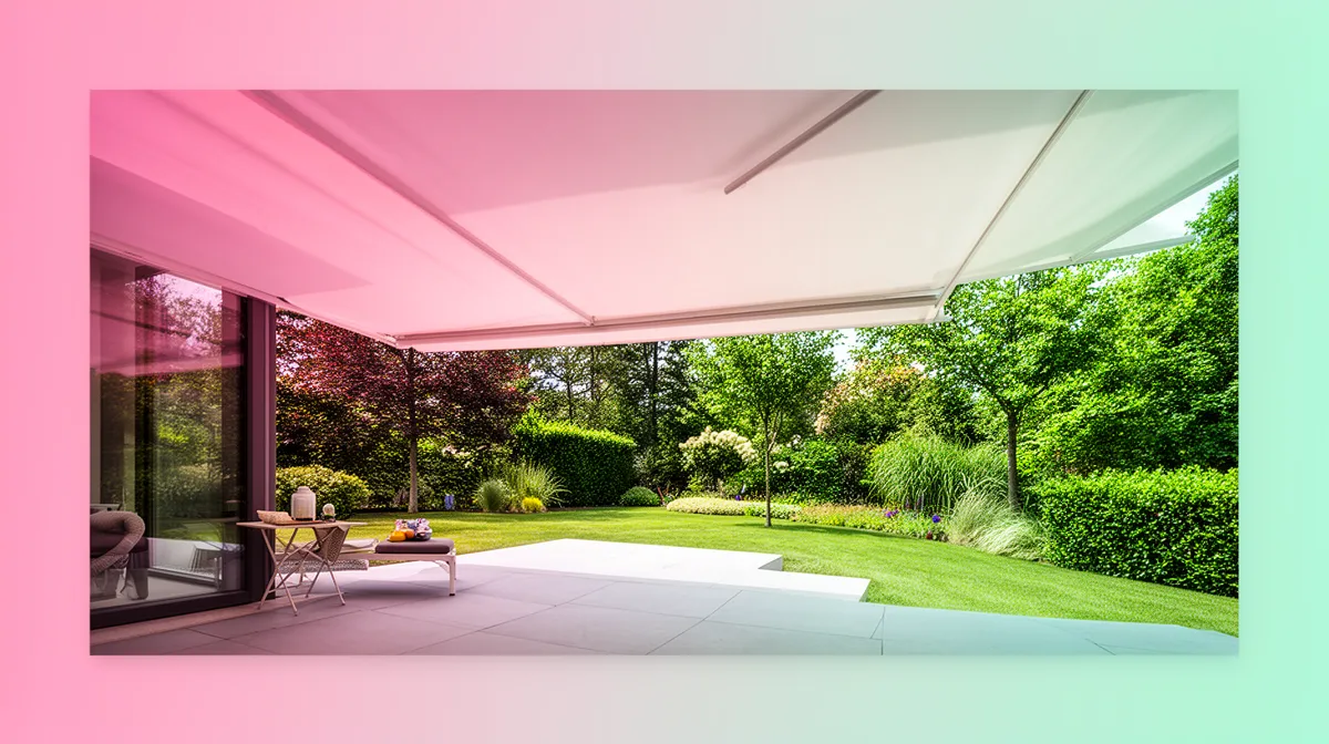 Jardin luxuriant avec terrasse couverte, mobilier extérieur et vue panoramique.