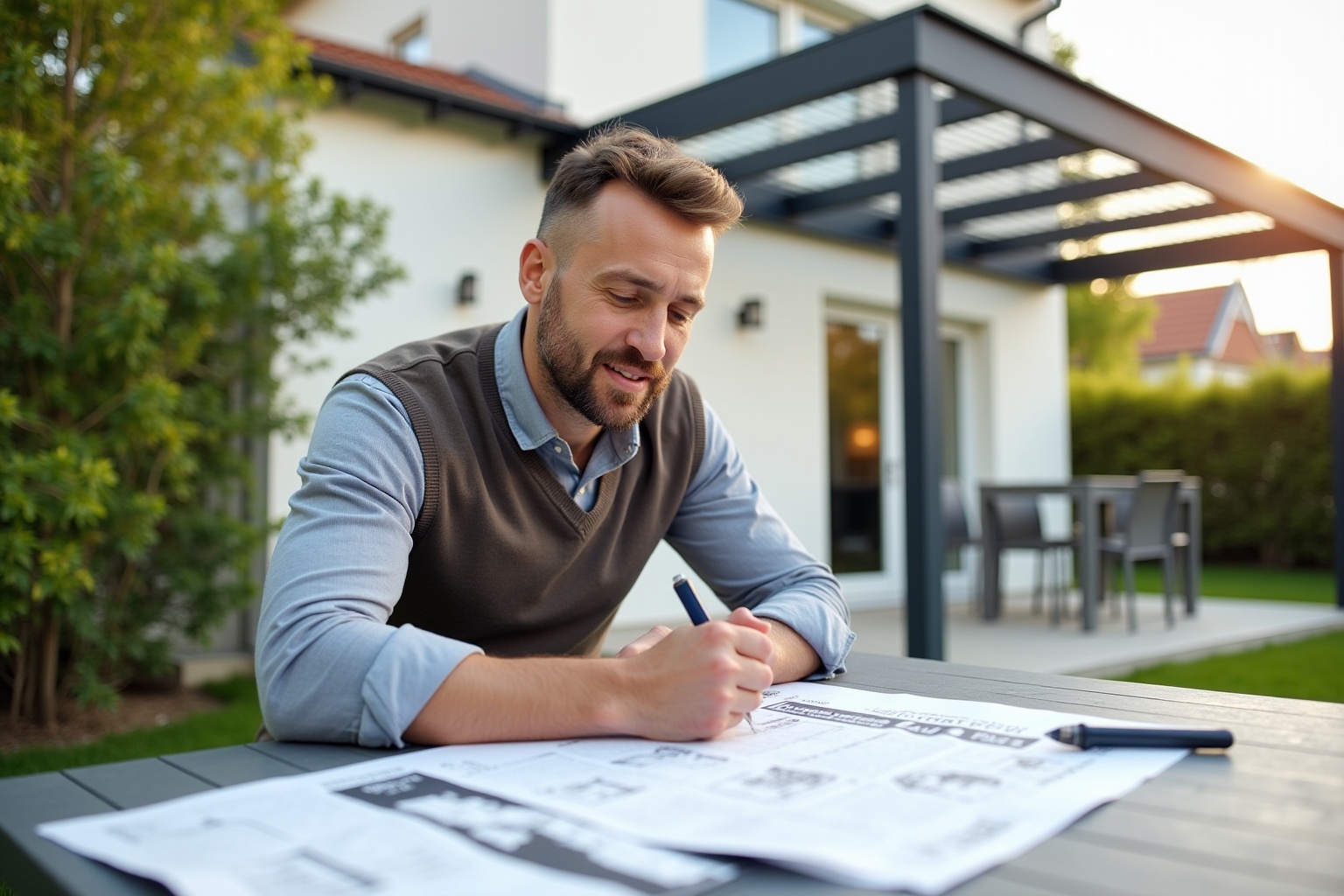 Homme barbu assis à l'extérieur, travaillant sur des plans architecturaux.