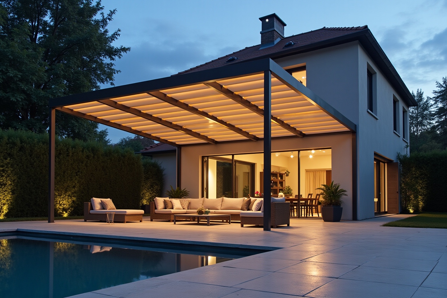 Terrasse couverte avec mobilier de jardin près d'une piscine éclairée.