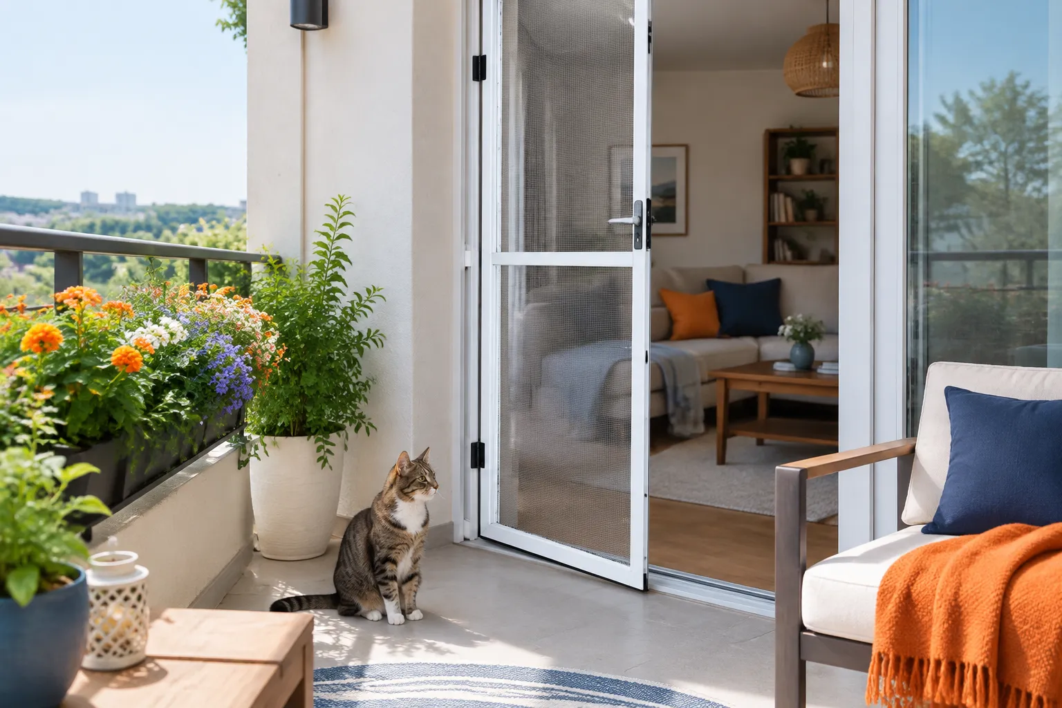 Balcon fleuri avec chat tigré, porte ouverte et salon lumineux
