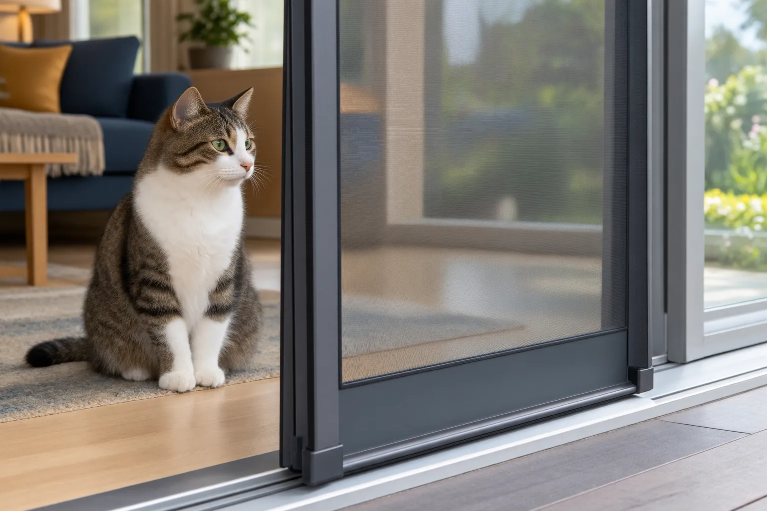 Chat assis devant une porte moustiquaire ouverte gagnant l’extérieur