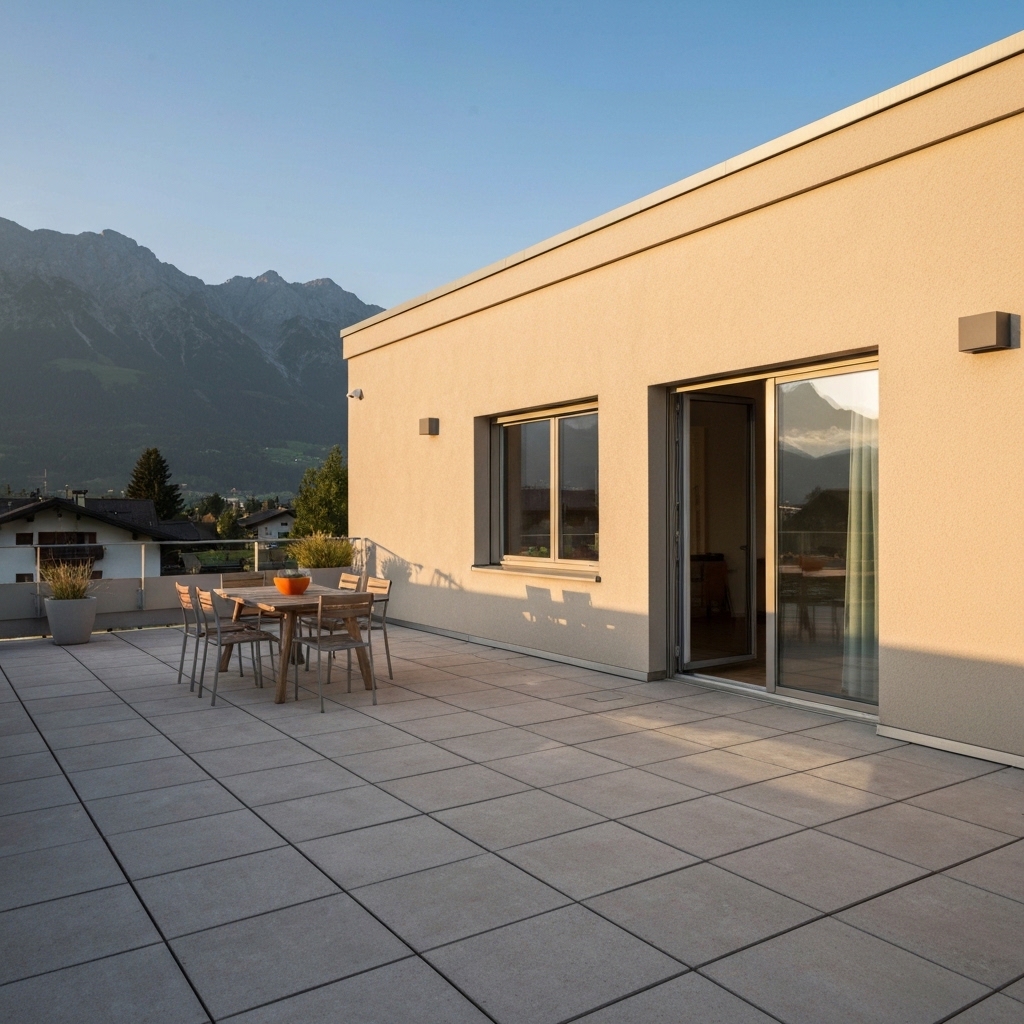 Store banne coffré moderne beige installé sur terrasse résidentielle suisse avec table et chaises en dessous, montagnes alpines floues en arrière-plan, lumière naturelle de fin d'après-midi