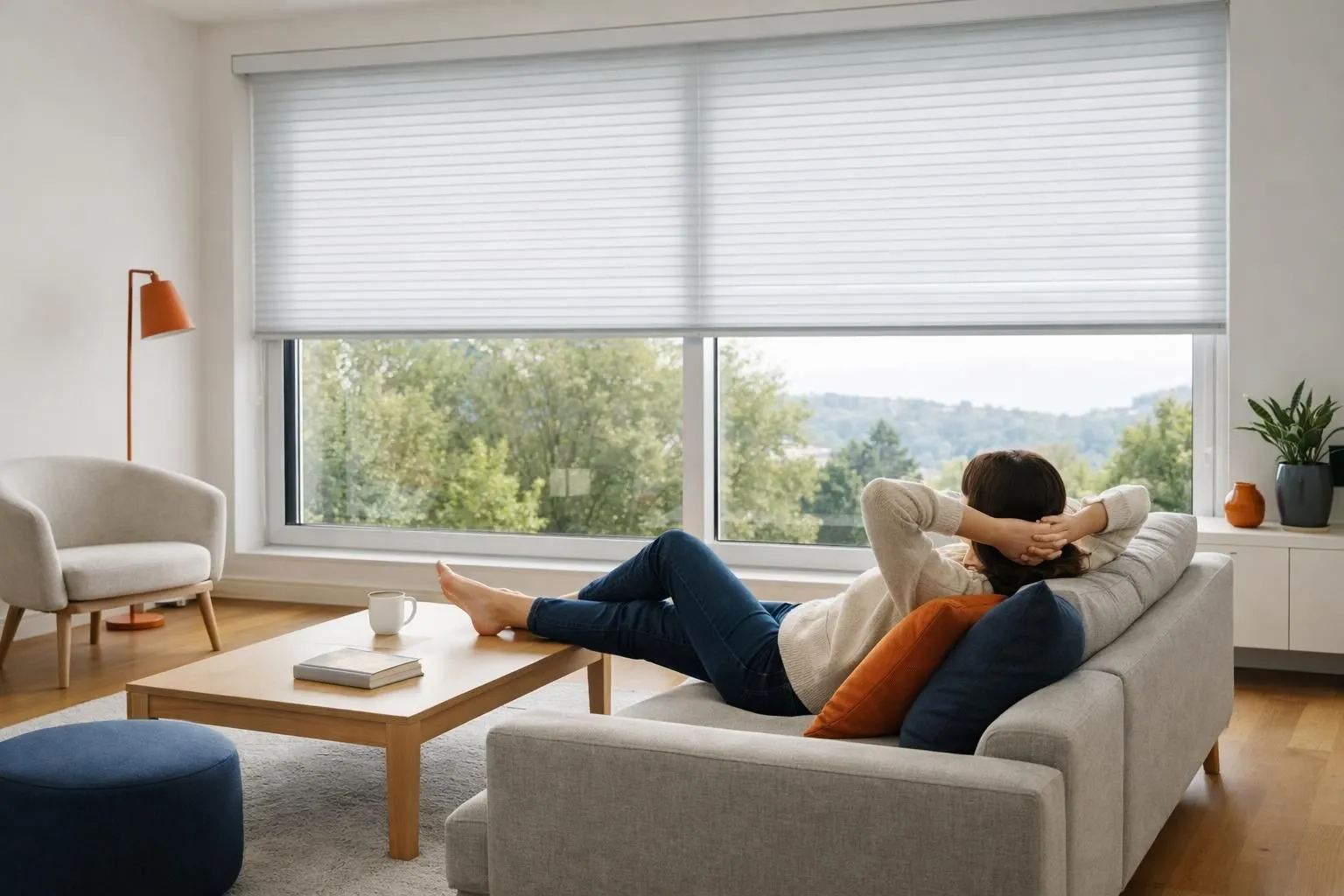 Modern Swiss living room interior with sleek wireless motorized roller blinds on large windows, natural daylight filtering through, minimalist Scandinavian furniture, person relaxing on sofa using smartphone remote control, clean contemporary design without visible cords or cables