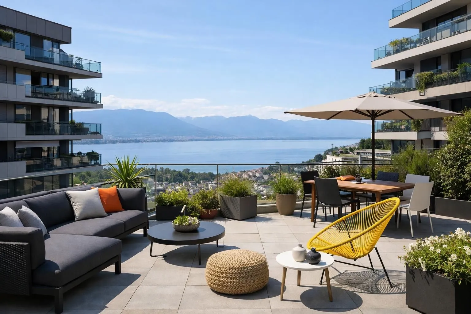 Modern urban Swiss terrace overlooking neighboring apartment balconies in Lausanne, visible windows showing proximity between buildings, morning light revealing lack of privacy, contemporary outdoor furniture, Geneva lake visible in background, urban density evident through close building spacing