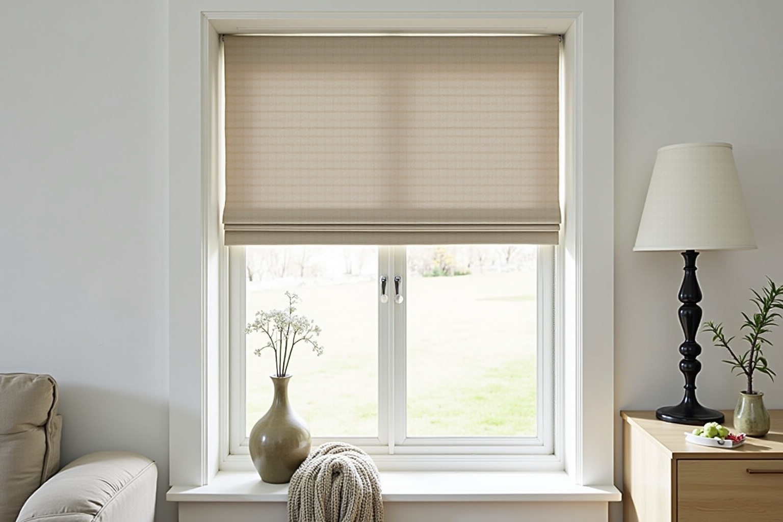 Fenêtre avec store romain beige, vase décoratif et lampe d'appoint.