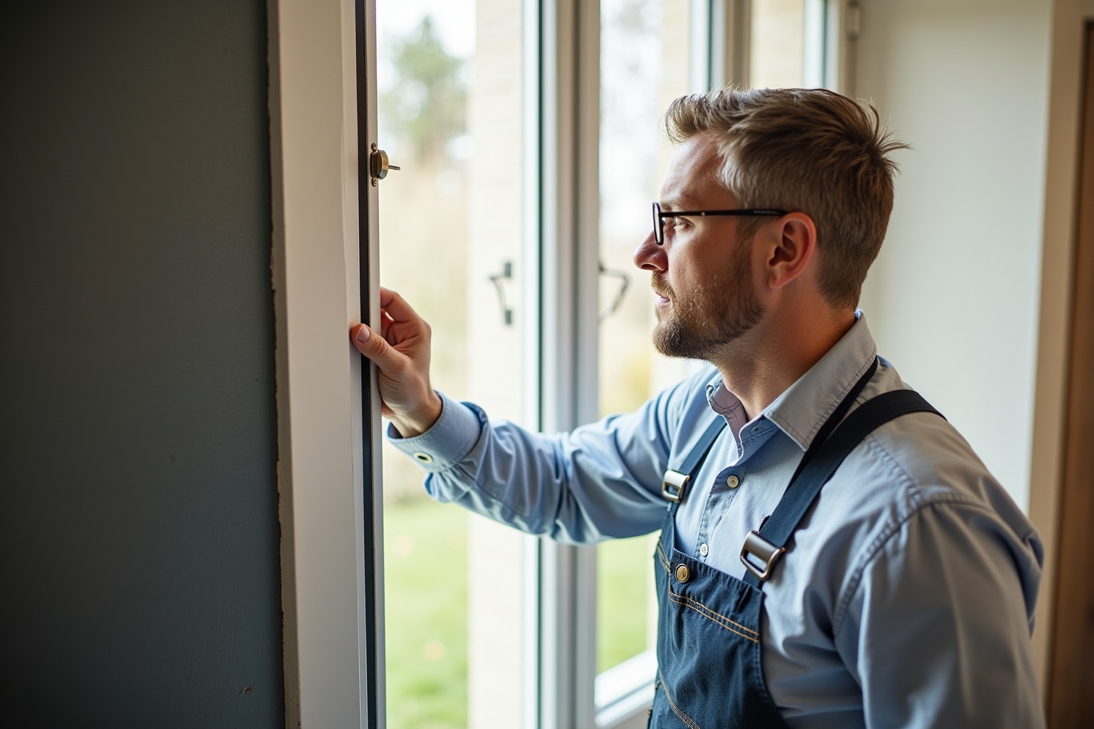 Homme en combinaison inspectant une fenêtre avec attention.