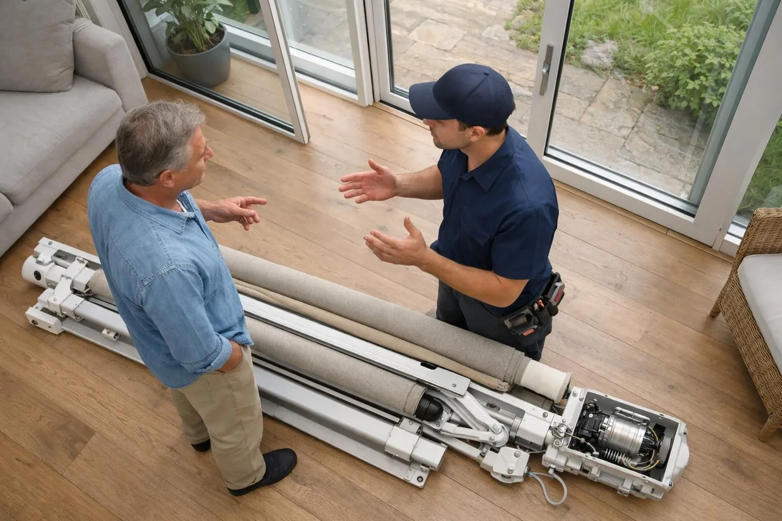 Technicien professionnel montrant les mécanismes internes d'un store banne à un propriétaire dans un salon lumineux avec grandes baies vitrées, ambiance consultation expert, pas de texte visible