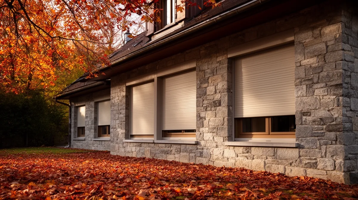 Maison en pierre avec fenêtres à volets, entourée d'arbres aux feuilles automnales.