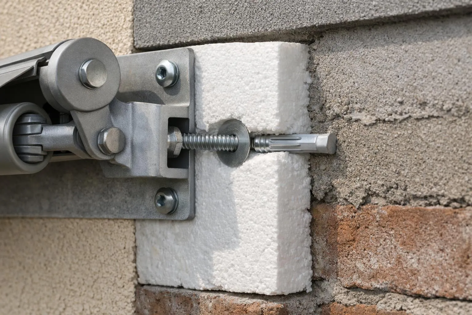 Fixation métallique d'un panneau d'isolation sur un mur en béton.