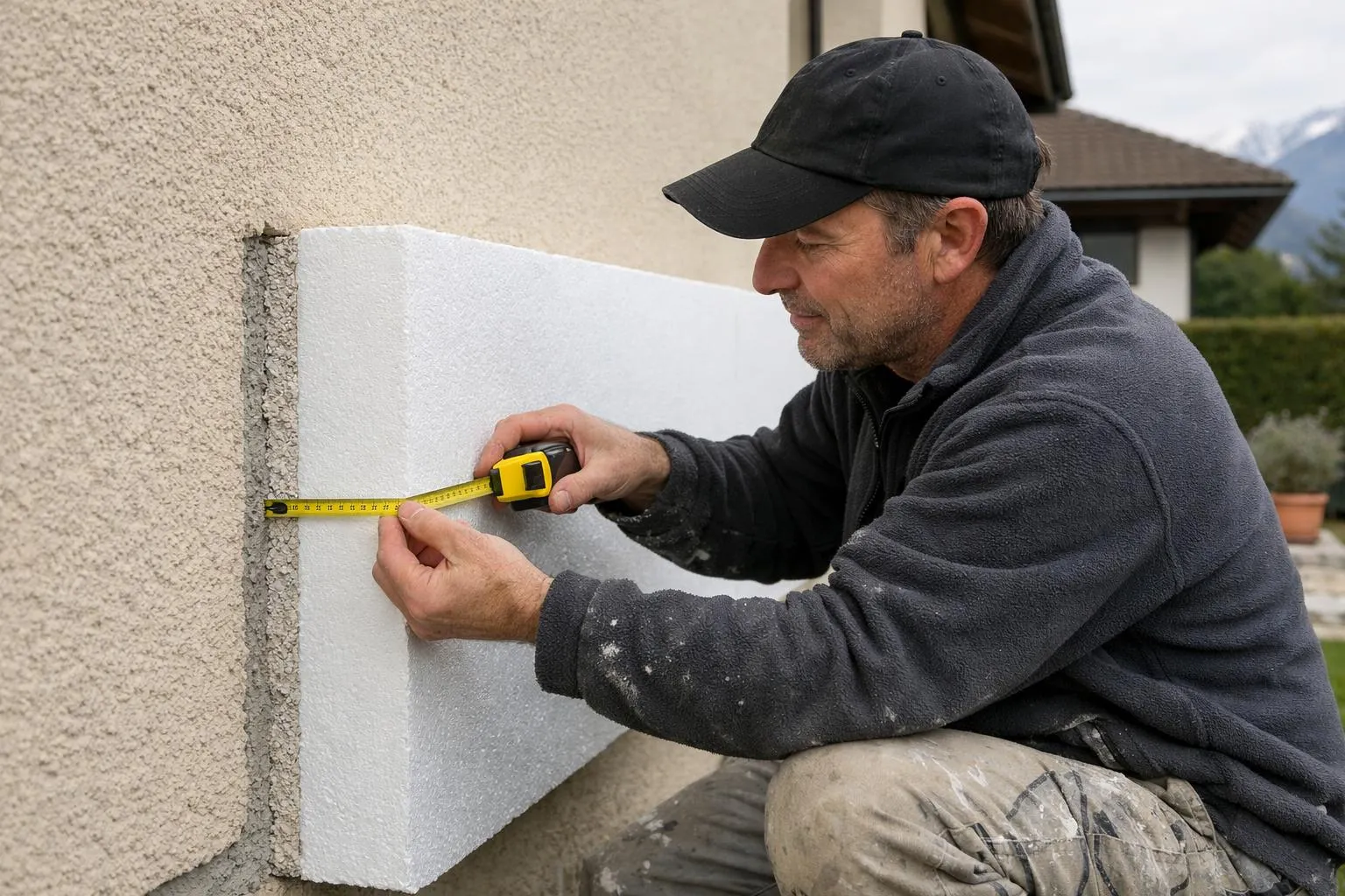 Homme mesurant un mur en stuc avec un ruban à mesurer.