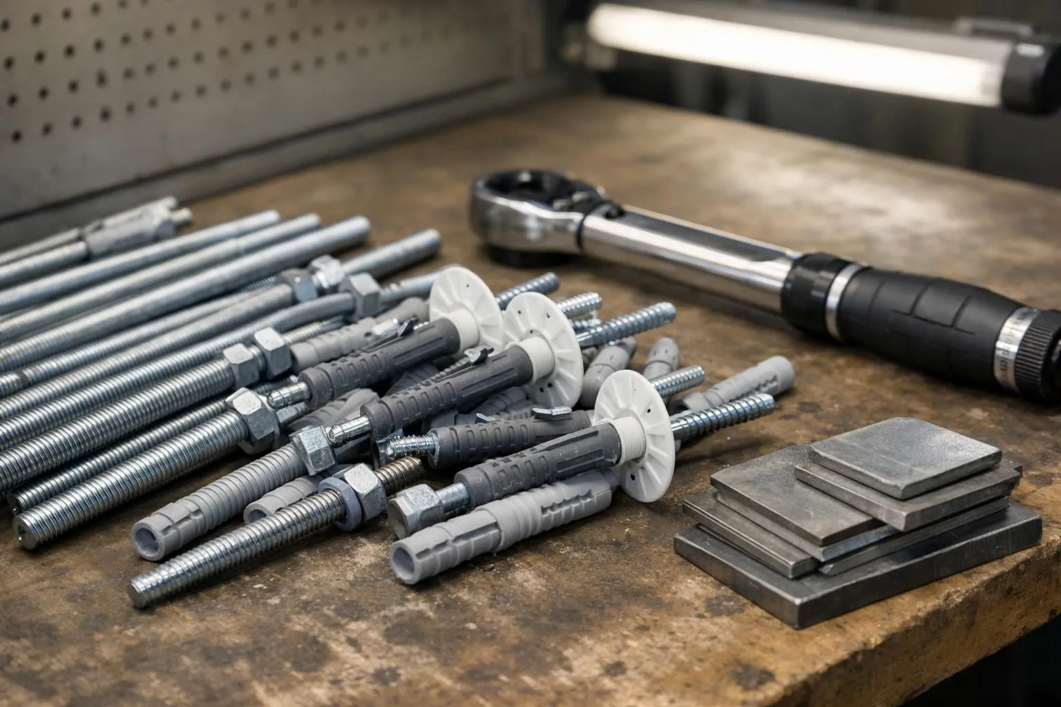 Outils et matériel de construction sur un établi en bois.