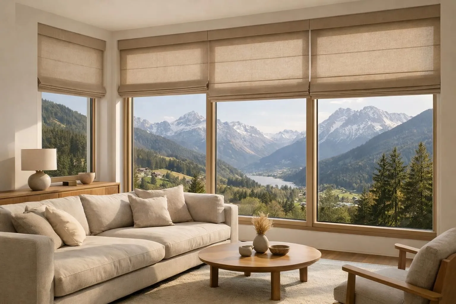 Un salon suisse moderne avec des stores enrouleurs beiges élégants, une lumière douce filtrant à travers les grandes fenêtres, un canapé confortable et un paysage alpin visible à l'extérieur.