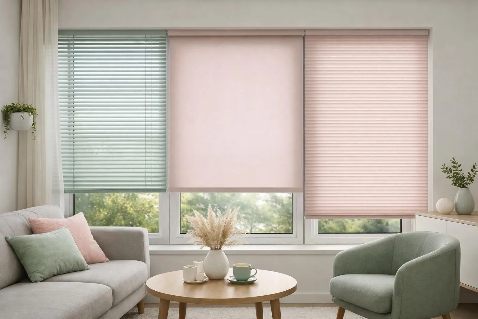 Intérieur d'un salon suisse moderne avec de grandes fenêtres présentant différents types de traitements de fenêtre : stores vénitiens, store enrouleur et stores plissés, dans des tons neutres avec une lumière naturelle filtrée, design contemporain épuré.