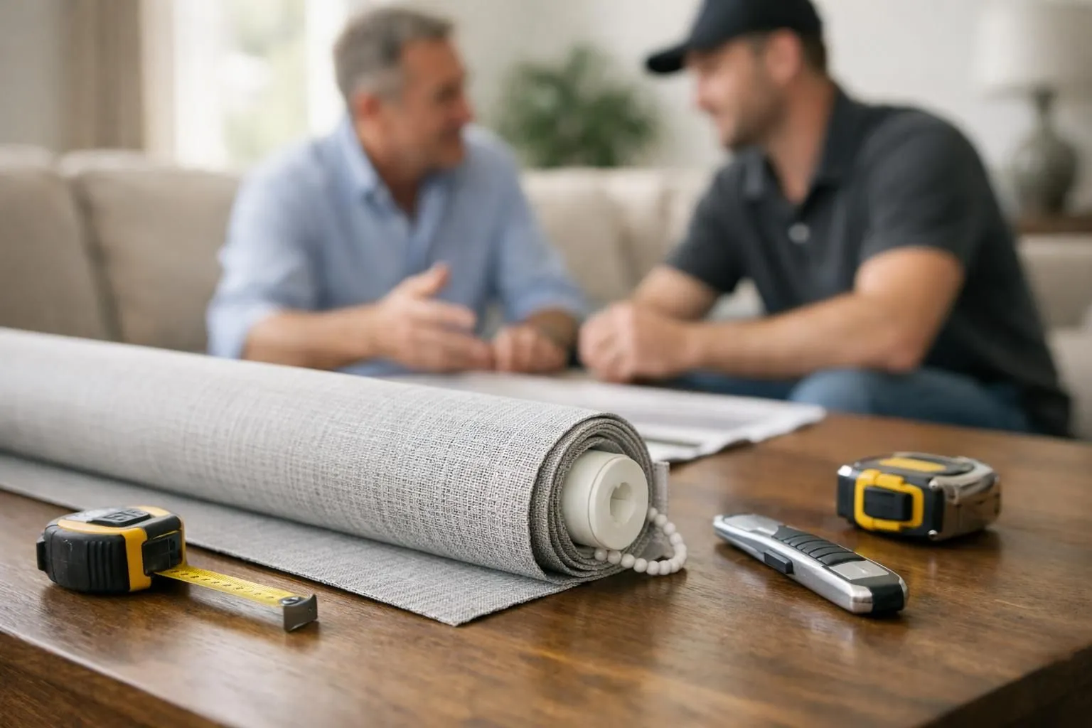 Propriétaire et installateur examinant des échantillons de tissus et mesurant les dimensions des fenêtres dans un salon suisse lumineux avec de grandes fenêtres, consultant présentant différents matériaux de stores enrouleurs sur une table avec des outils de mesure.