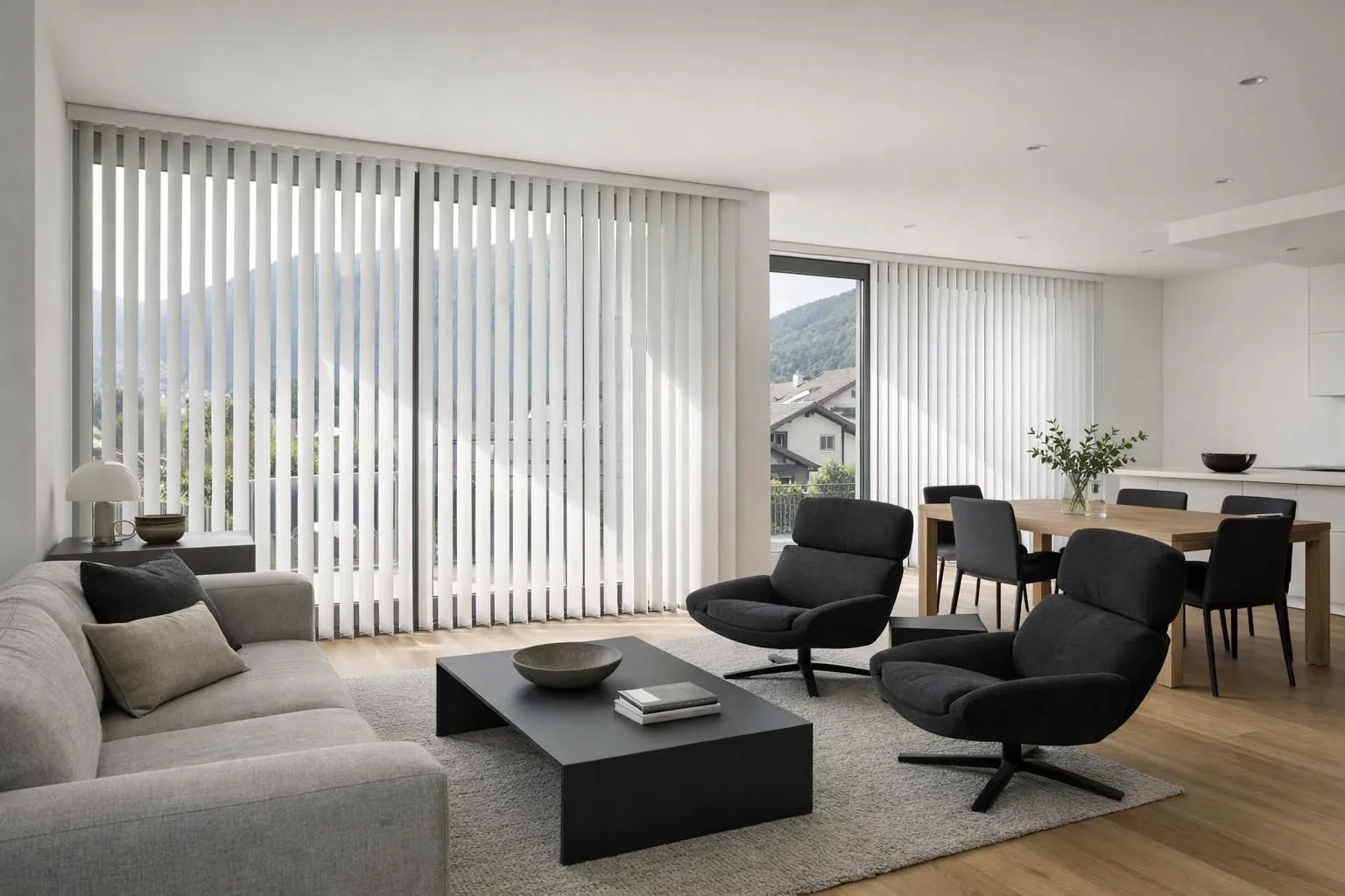 Modern living room interior in Switzerland with large windows featuring white vertical lamella blinds, natural daylight streaming through adjustable fabric slats, contemporary furniture visible, clean architectural lines, realistic residential setting