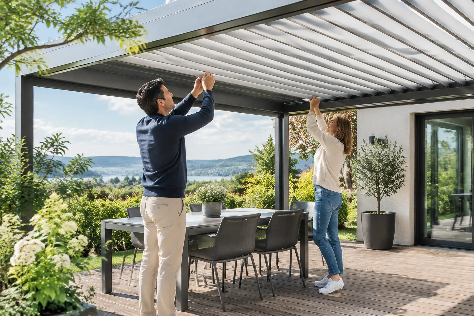 Couple profitant d'une terrasse couverte avec vue sur la nature.
