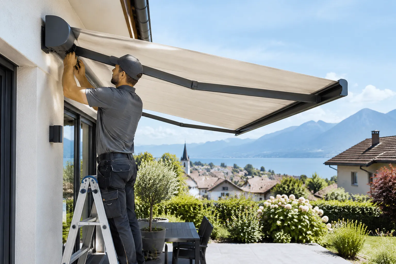 Homme installant un store de terrasse avec vue panoramique sur la montagne.