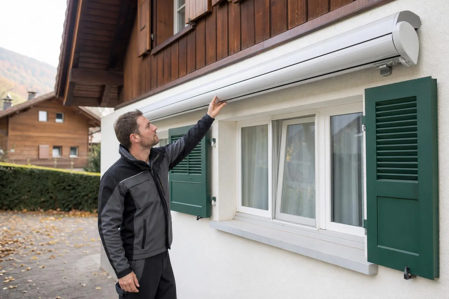Un homme ajuste un climatiseur mural sur une maison en bois.