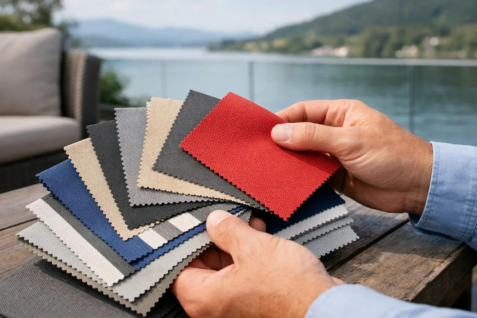 Professional installer measuring existing awning frame while holding modern fabric samples in grey and beige tones, Swiss residential terrace setting with lake view in background