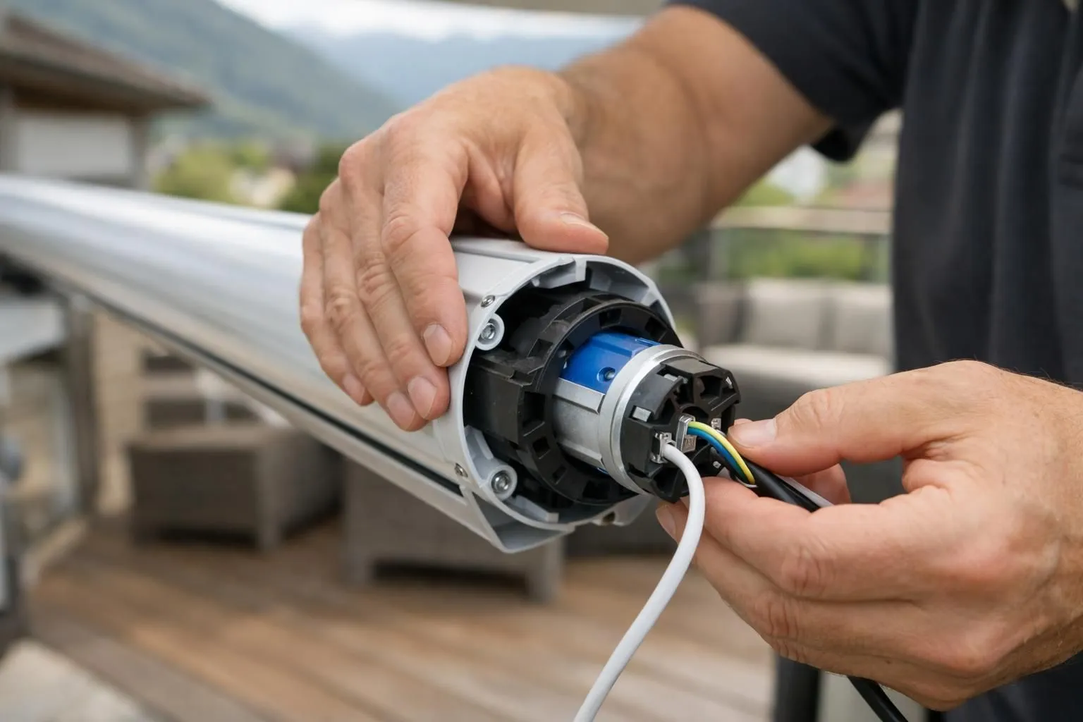 Close-up of technician's hands installing tubular motor into awning roller tube, modern electric motorization system visible with wiring, Swiss residential terrace background