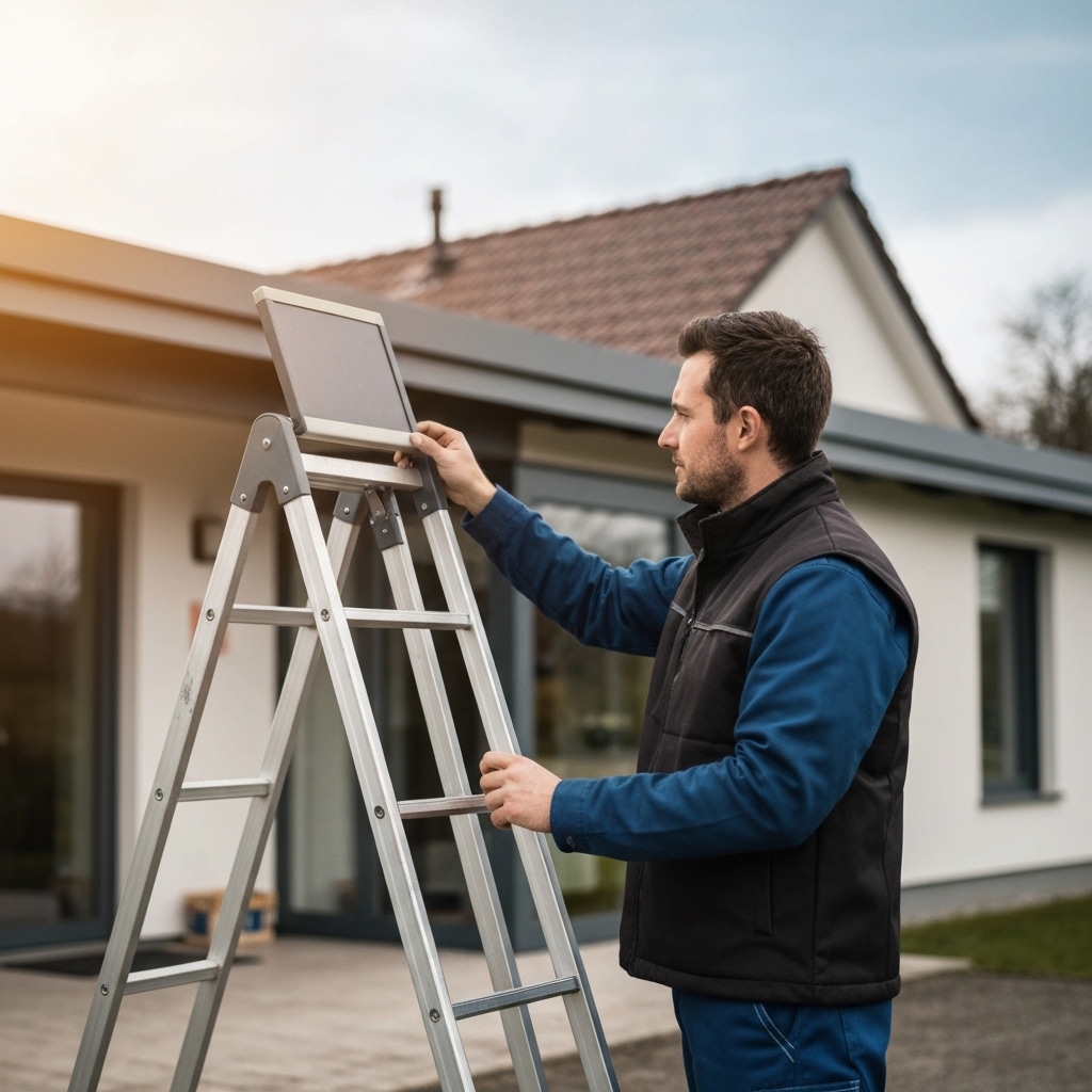 Technicien professionnel en gilet réfléchissant intervenant sur un store extérieur bloqué devant une villa moderne lausannoise, échelle déployée, ciel nuageux en arrière-plan suggérant l'urgence météorologique