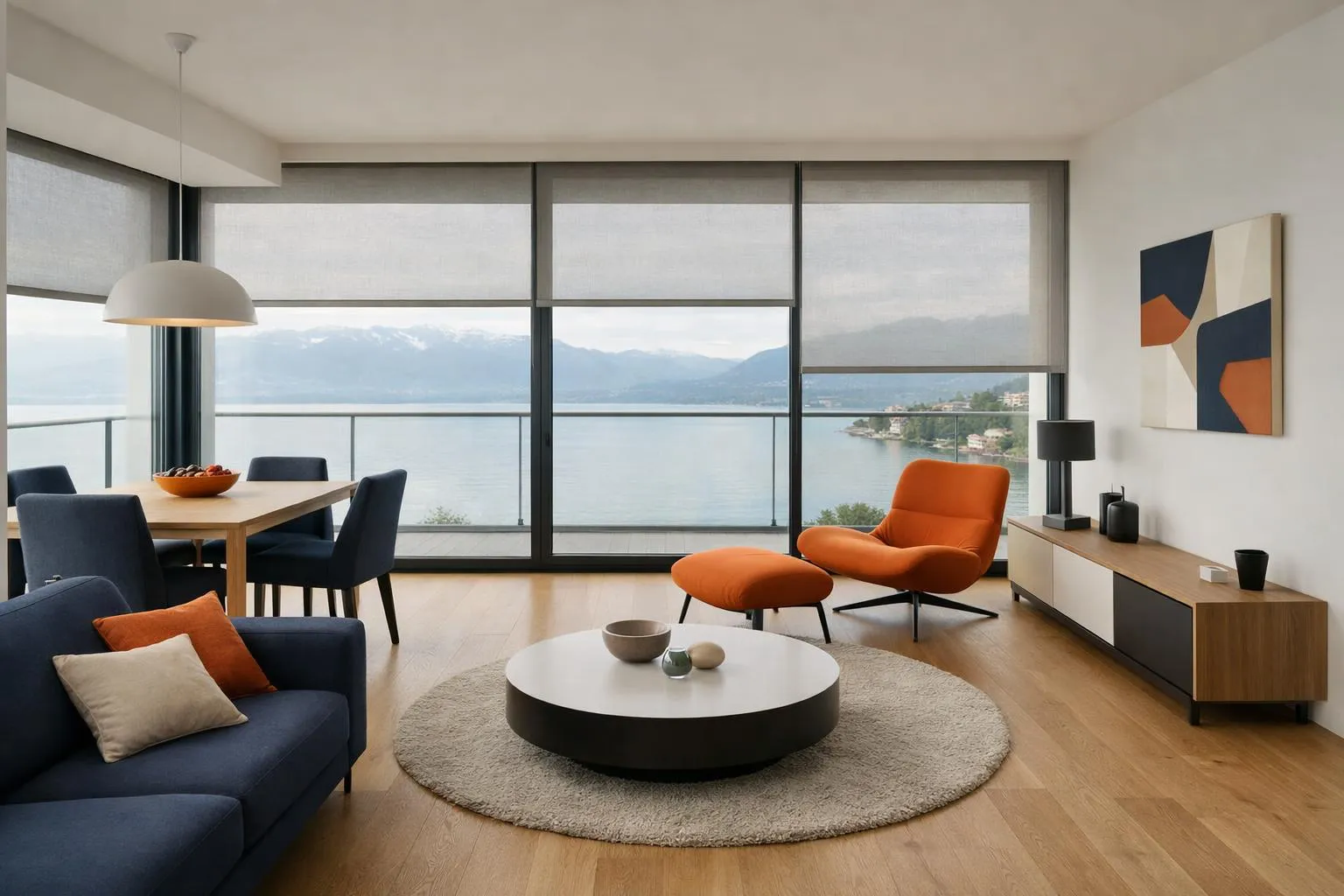 Salon moderne avec vue panoramique sur le lac.