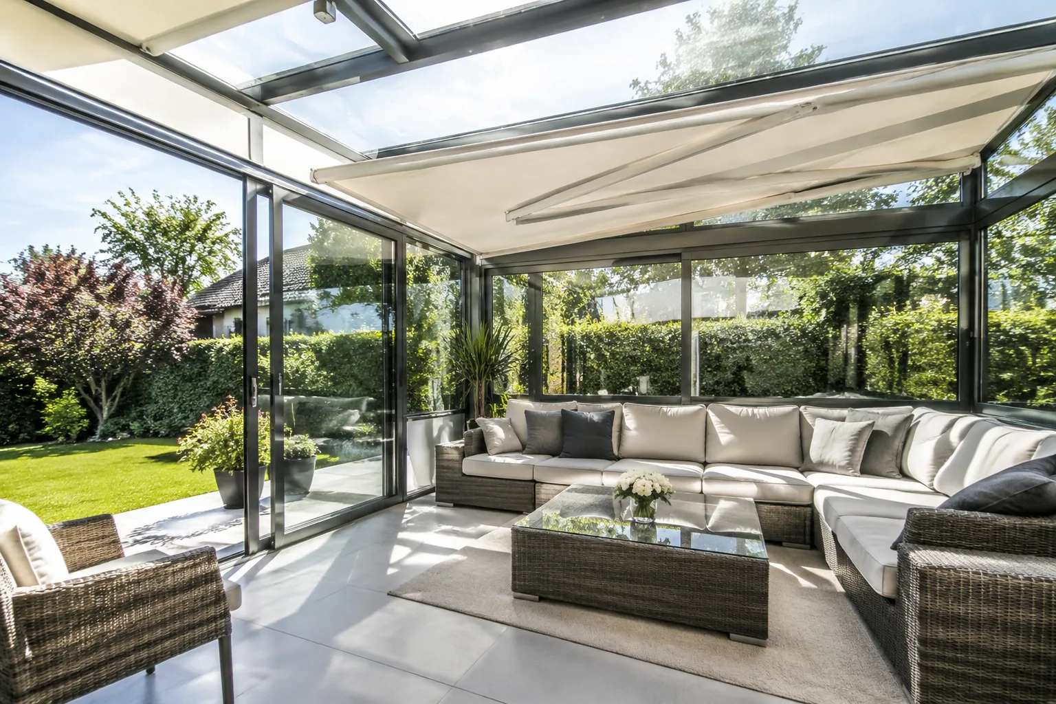 Salon de jardin moderne avec canapés en rotin et toit vitré.