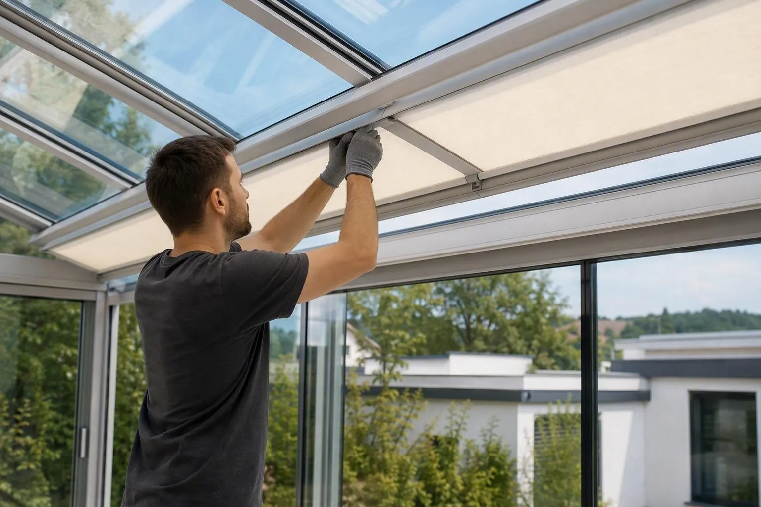 Homme installant un store dans une véranda vitrée avec vue sur la nature.
