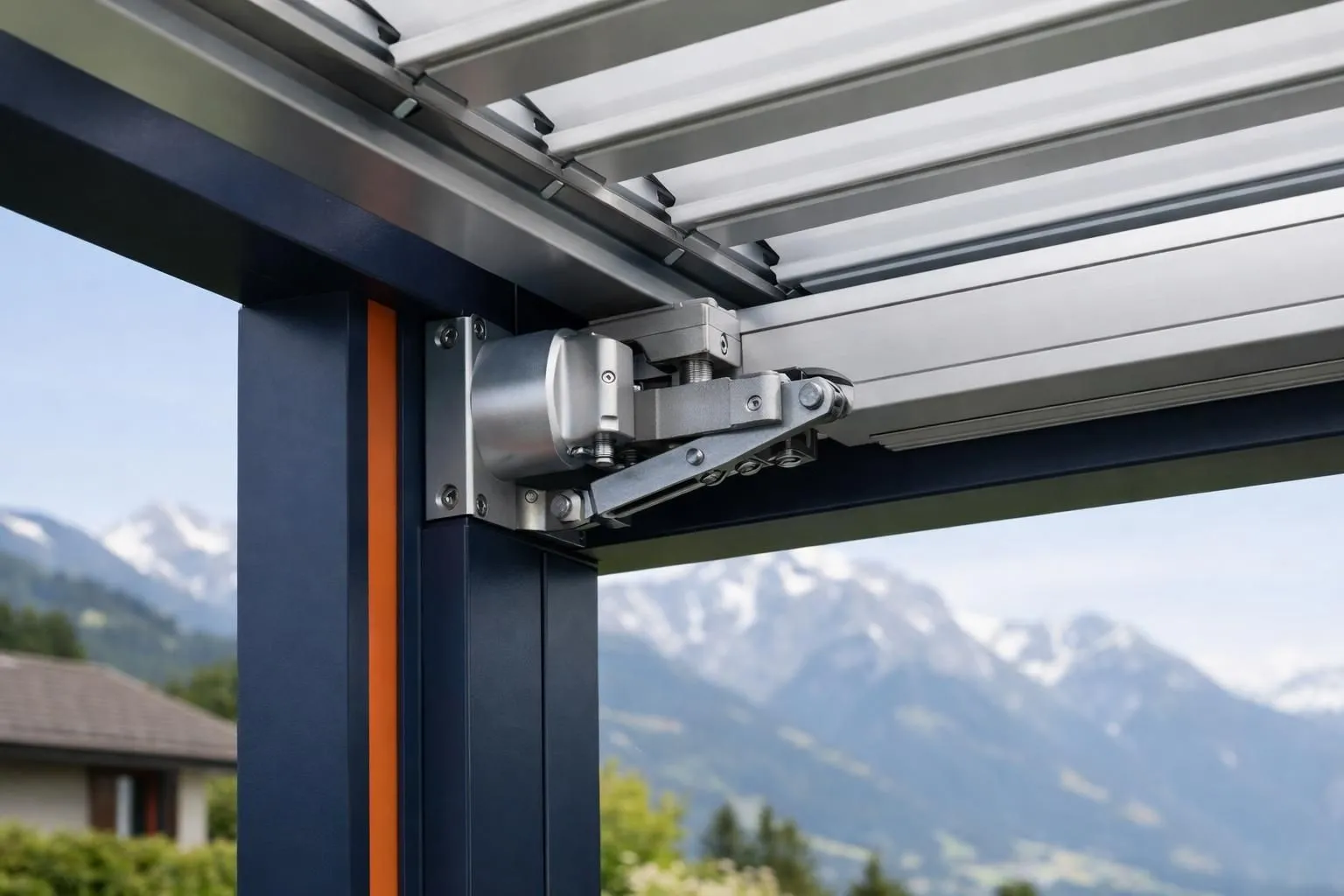 Modern aluminum bioclimatic pergola with adjustable louvres installed on Swiss terrace, close-up view showing motorized mechanism and quality aluminum construction details with mountain backdrop