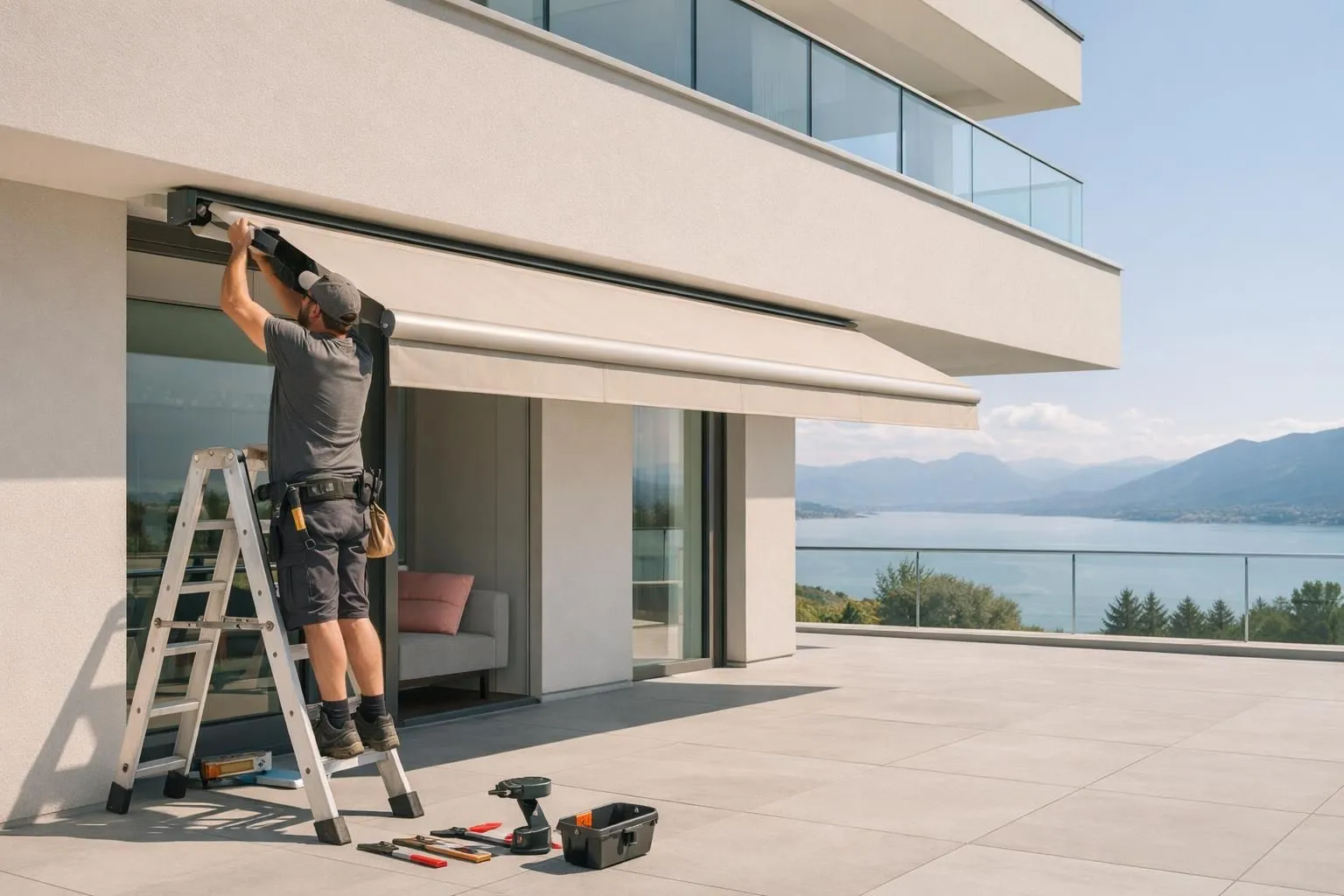 Professional installer mounting a modern beige motorized outdoor awning on a Swiss residential terrace with lake view, sunny day, ladder and tools visible, clean minimalist architecture