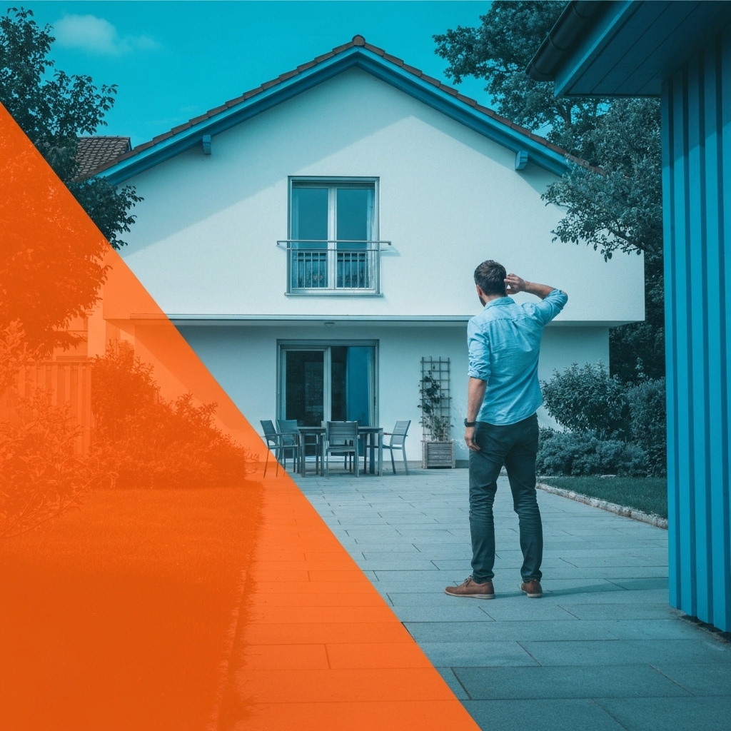 Homeowner standing in front of house looking frustrated at stuck outdoor roller blind that won't retract, suburban Swiss home with garden