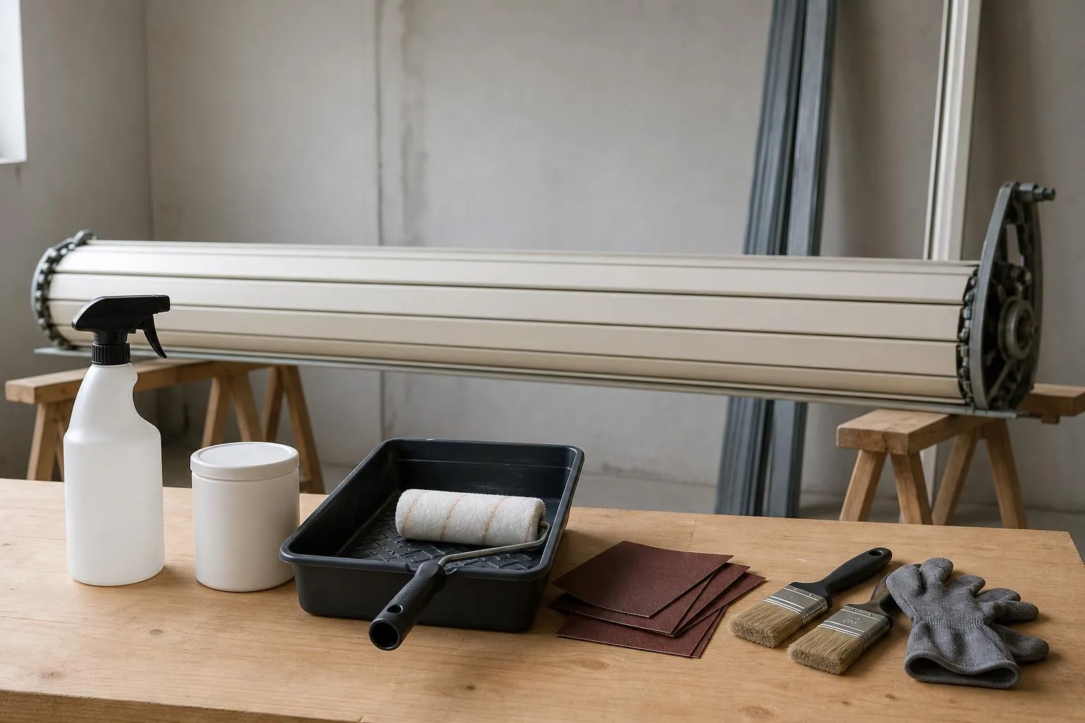 Outils et accessoires de peinture et de décoration sur une table en bois.