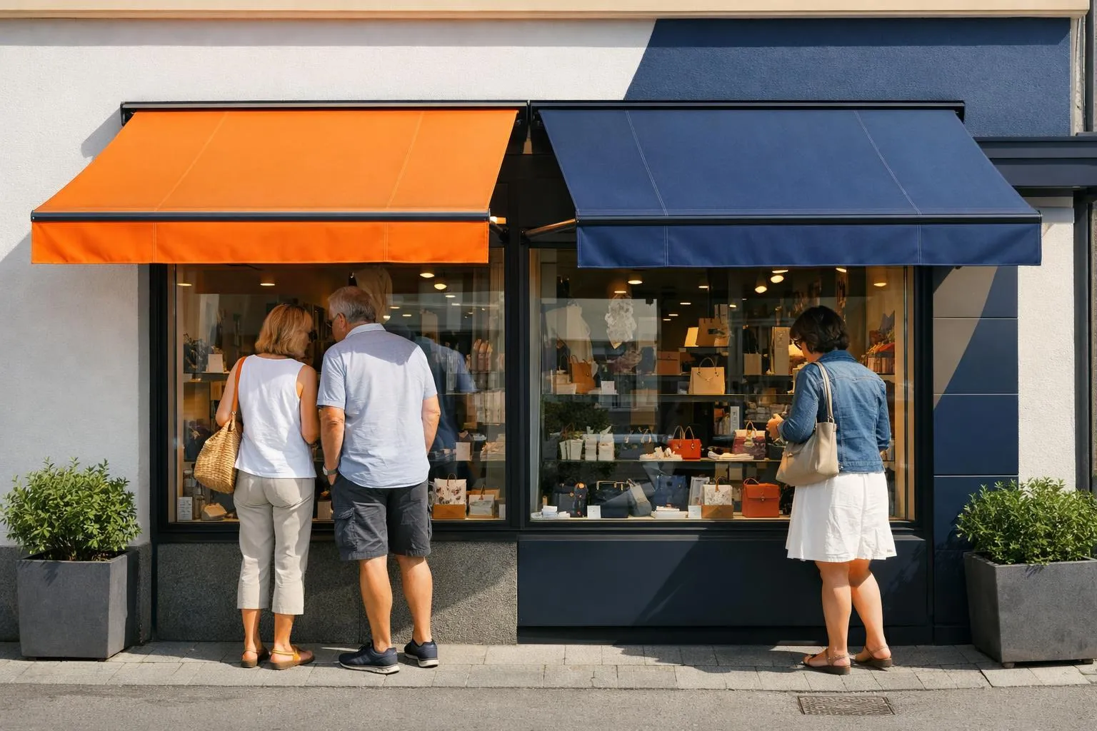 Vitrine de boutique avec auvents orange et bleu, clients regardant à l'intérieur.