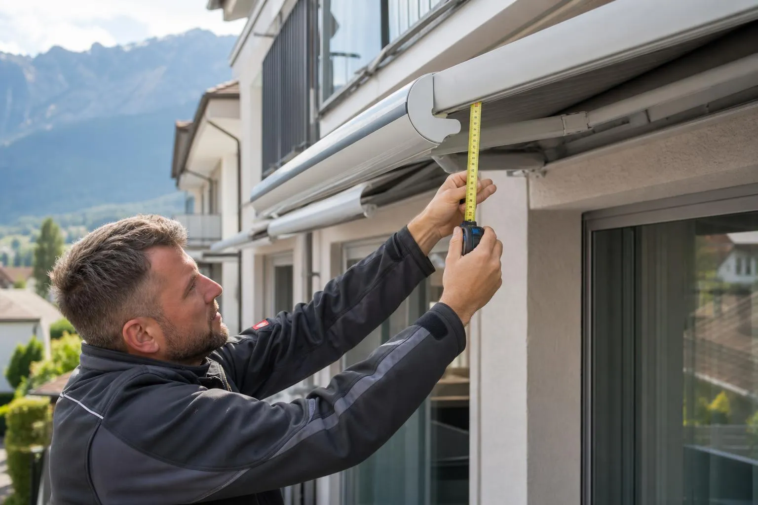 Homme mesurant les gouttières d'une maison avec un ruban à mesurer.