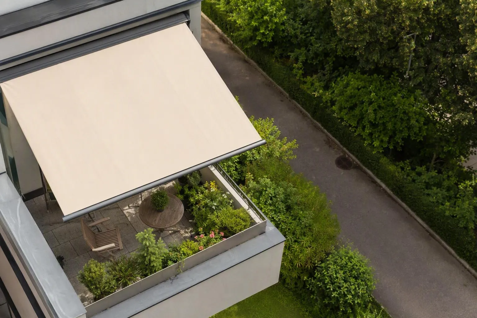 Fenêtre panoramique avec vue sur un jardin verdoyant.
