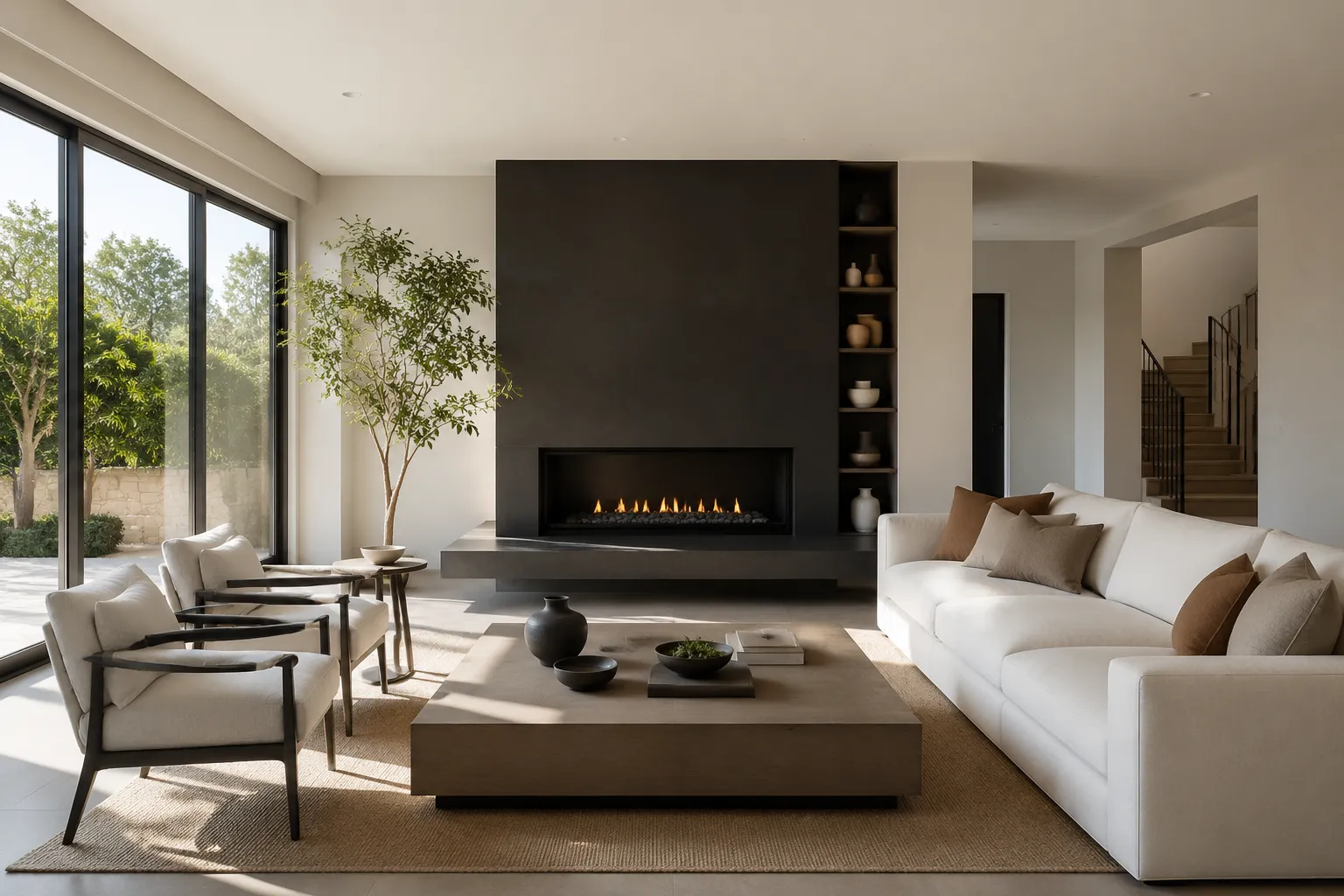 Salon moderne avec cheminée, canapé blanc et mobilier sobre.