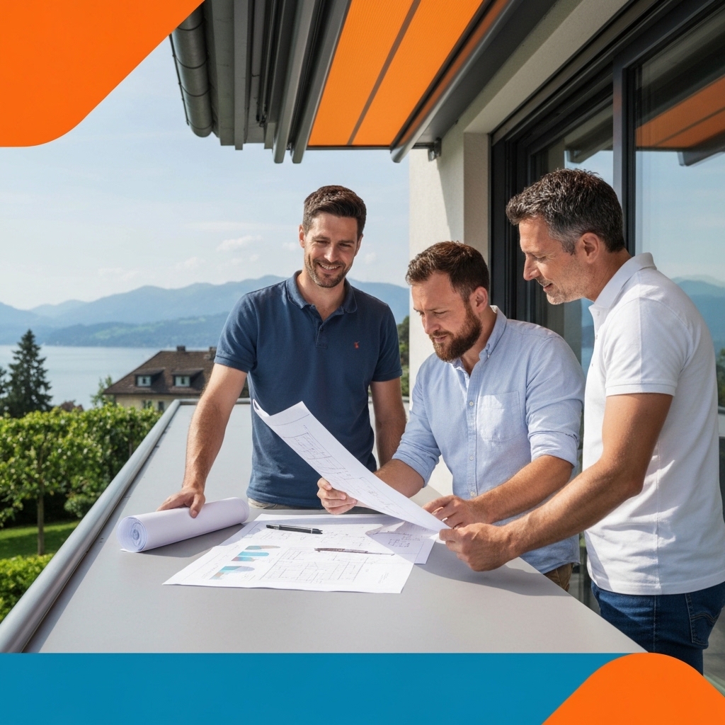 Swiss homeowner consulting with professional installer examining fabric samples and technical plans for outdoor awning installation, modern Vaud home terrace with lake view in background, natural daylight, realistic consultation scene