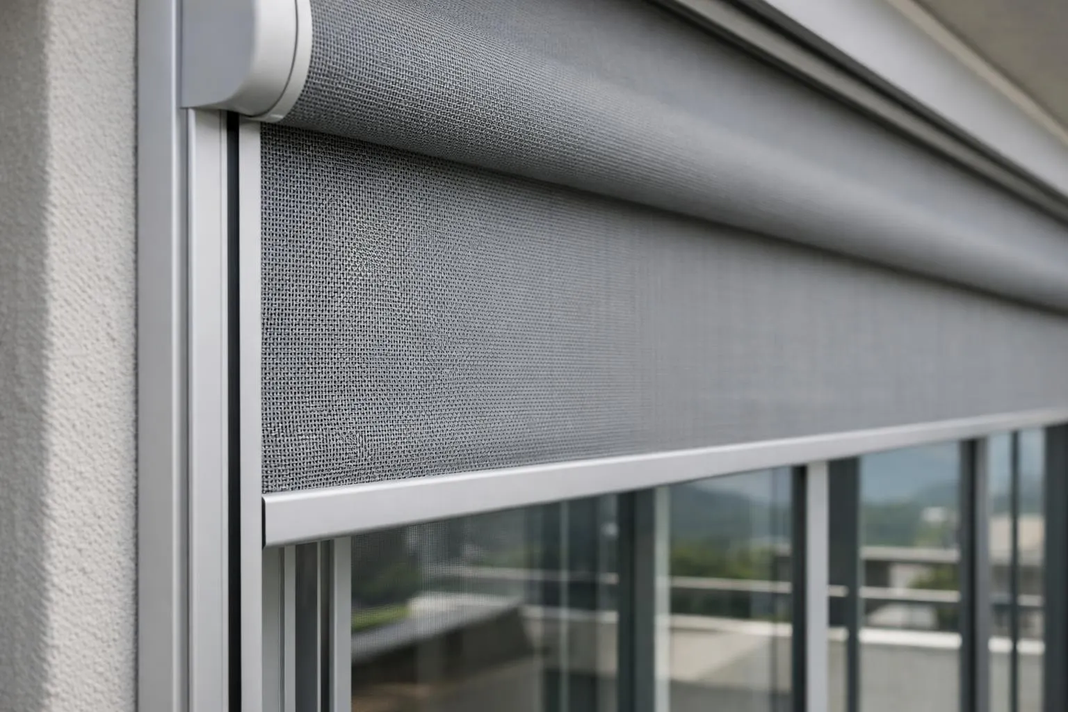 Vue rapprochée d'un mécanisme de store screen vertical moderne en train de descendre le long de rails latéraux en aluminium gris, avec une toile perforée grise filtrant la lumière du soleil, installé sur une façade d'immeuble suisse contemporain, montrant les guides ZIP étanches et le moteur tubulaire discret dans le coffre supérieur, architecture moderne avec fenêtres panoramiques en arrière-plan