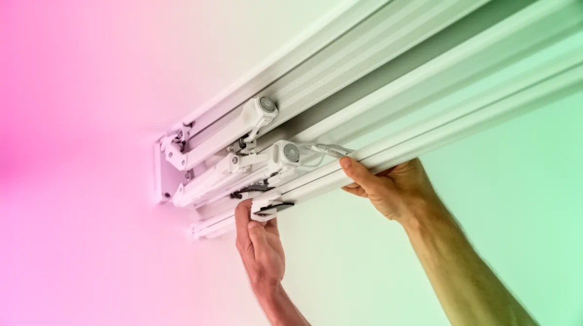 Mécanisme de rideau roulant blanc sur fond dégradé rose-vert.