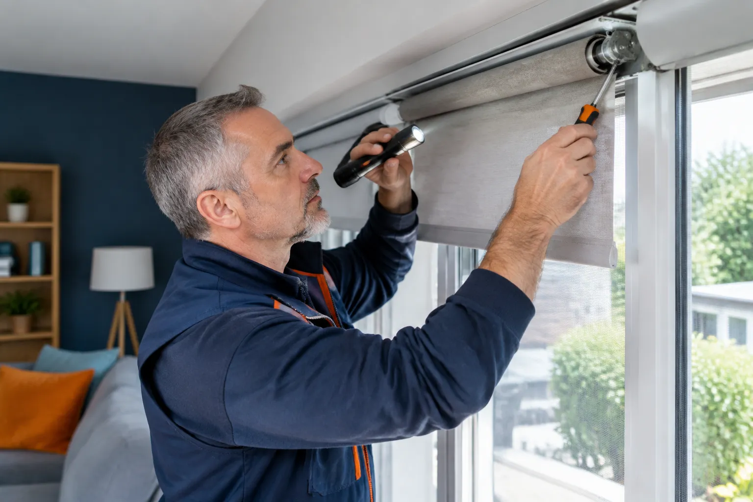 Technicien inspectant un store enrouleur avec lampe et tournevis