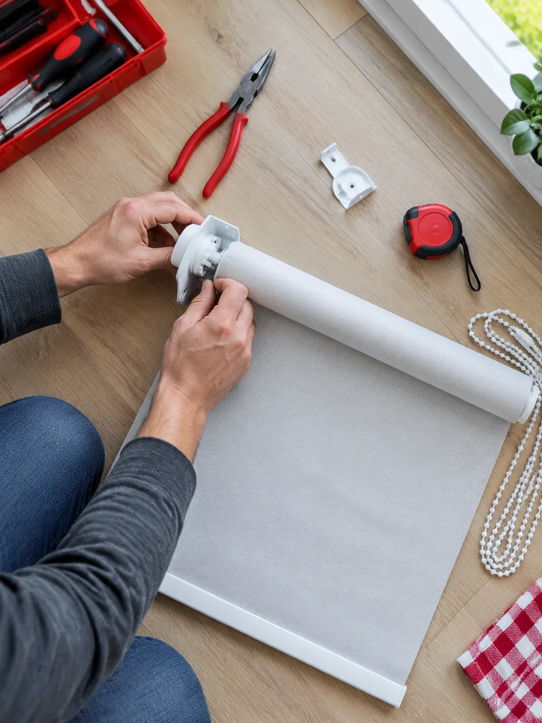Homme assemblant un store enrouleur avec outils.