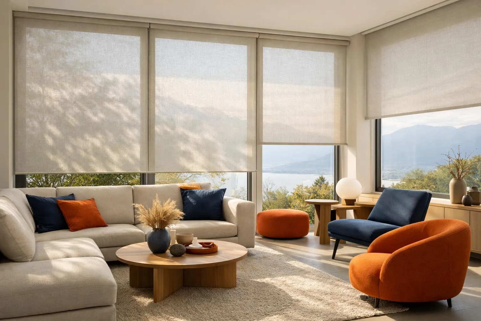 Salon moderne avec canapé beige, fauteuils orange, table basse en bois et vue panoramique.
