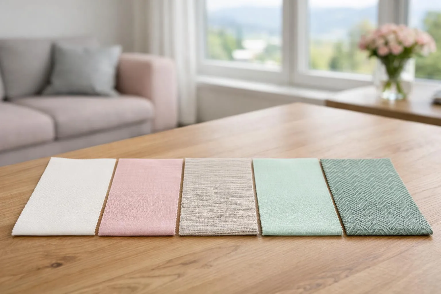 Échantillons de tissus d'ameublement dans des tons pastel sur une table en bois.