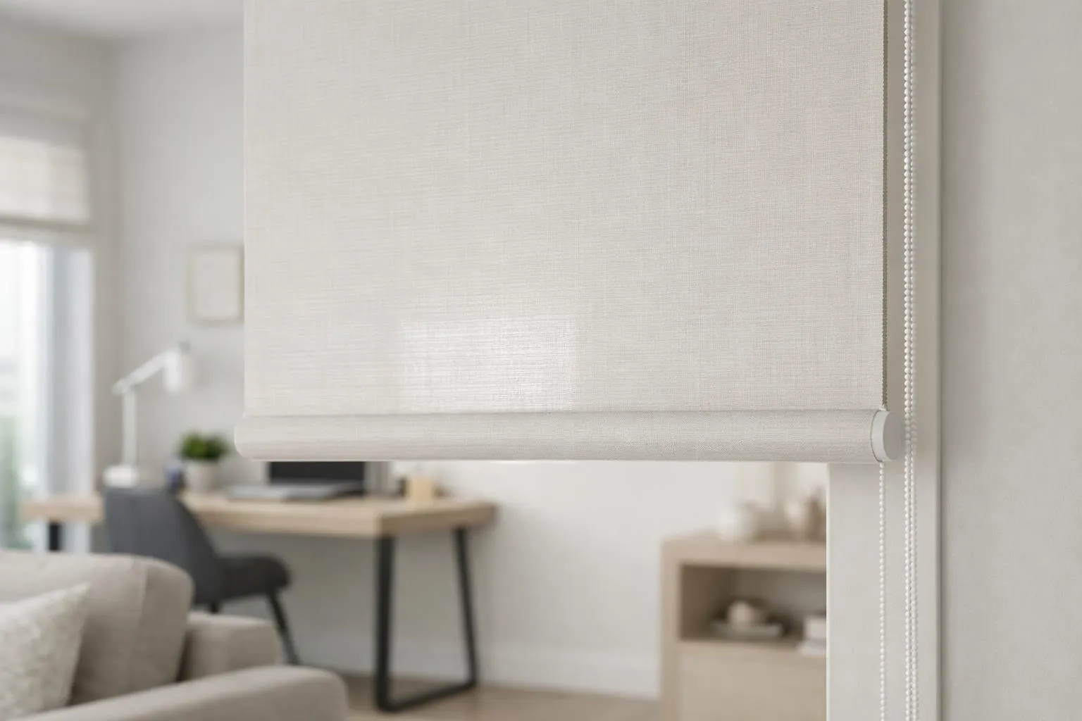 Intérieur minimaliste avec stores blancs, bureau et étagères.