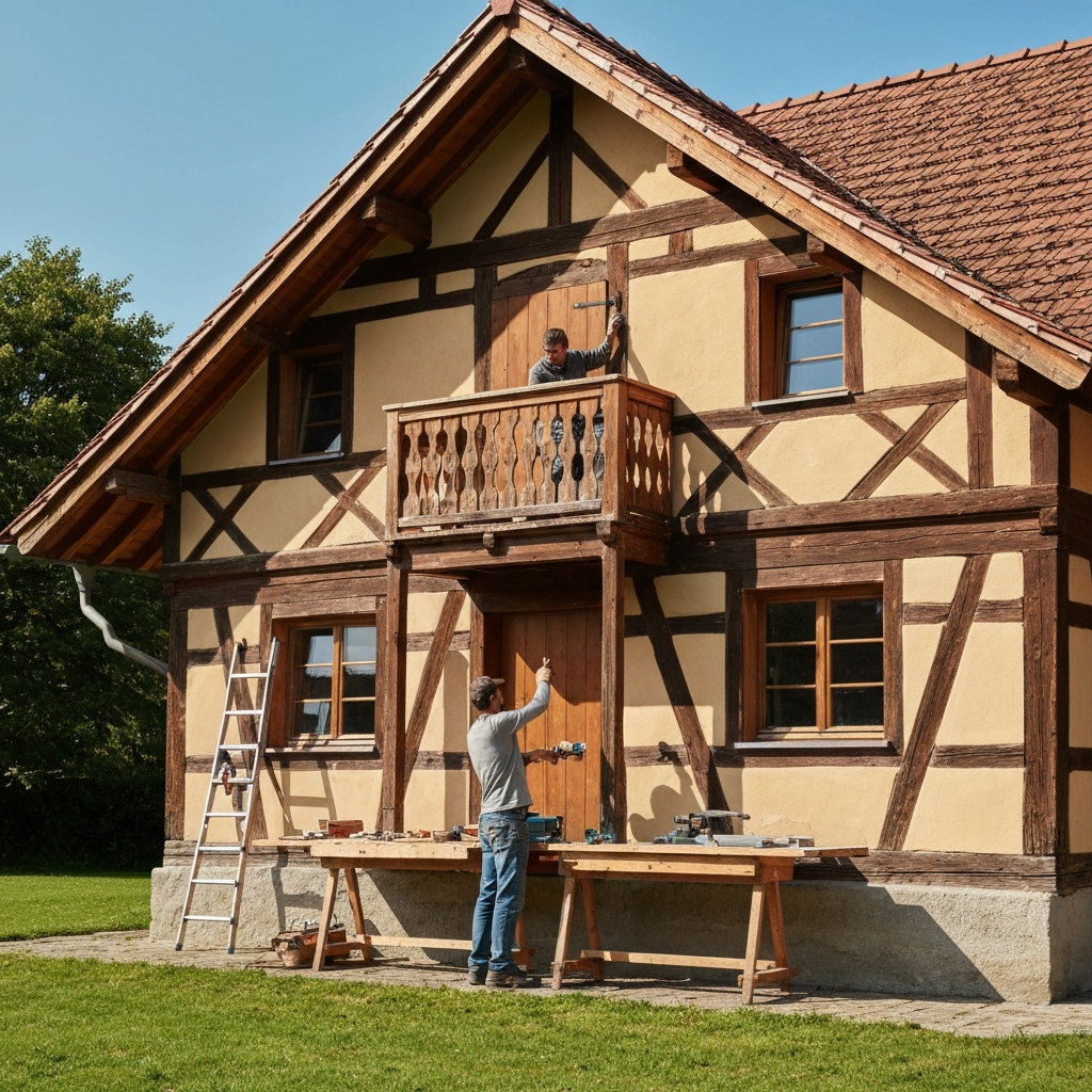 Artisan local installant un store banne sur une maison traditionnelle suisse avec vue sur le Jura, outils professionnels visibles, ambiance matinale lumineuse, style photographie documentaire réaliste
