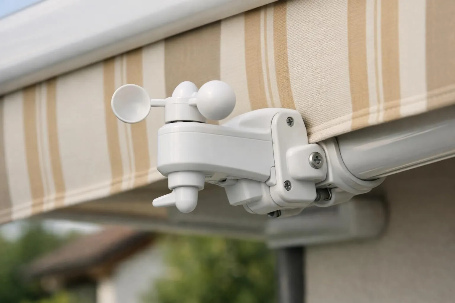 Un capteur de vent sans fil moderne monté sur un store de terrasse dans un cadre résidentiel suisse, avec un petit anémomètre visible.