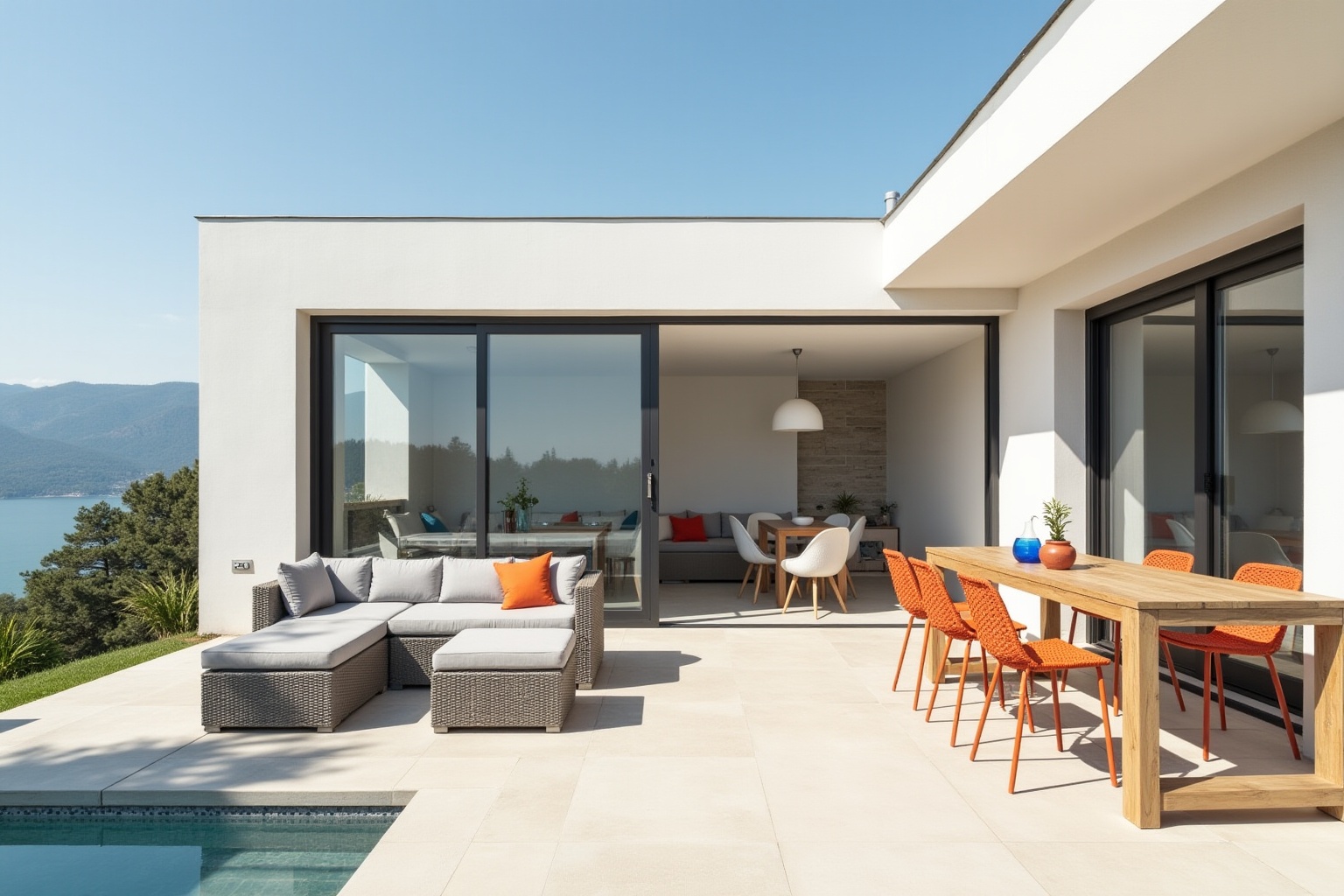 Terrasse extérieure moderne avec mobilier de jardin, vue sur le lac.
