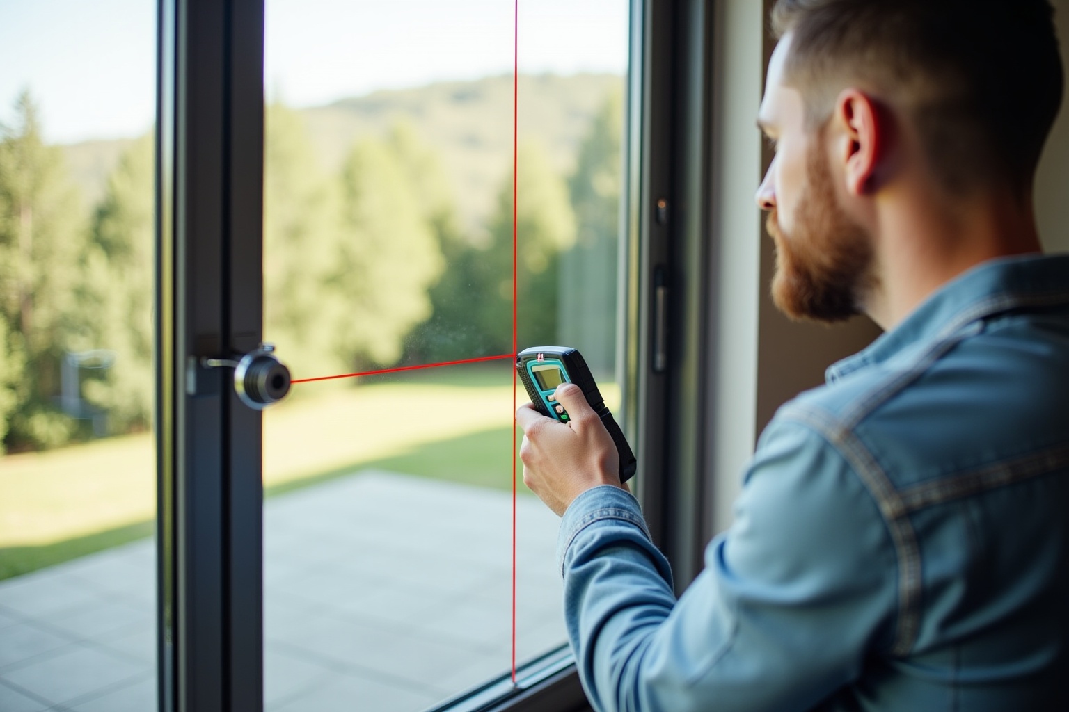 Homme utilisant un télémètre laser pour mesurer une fenêtre.