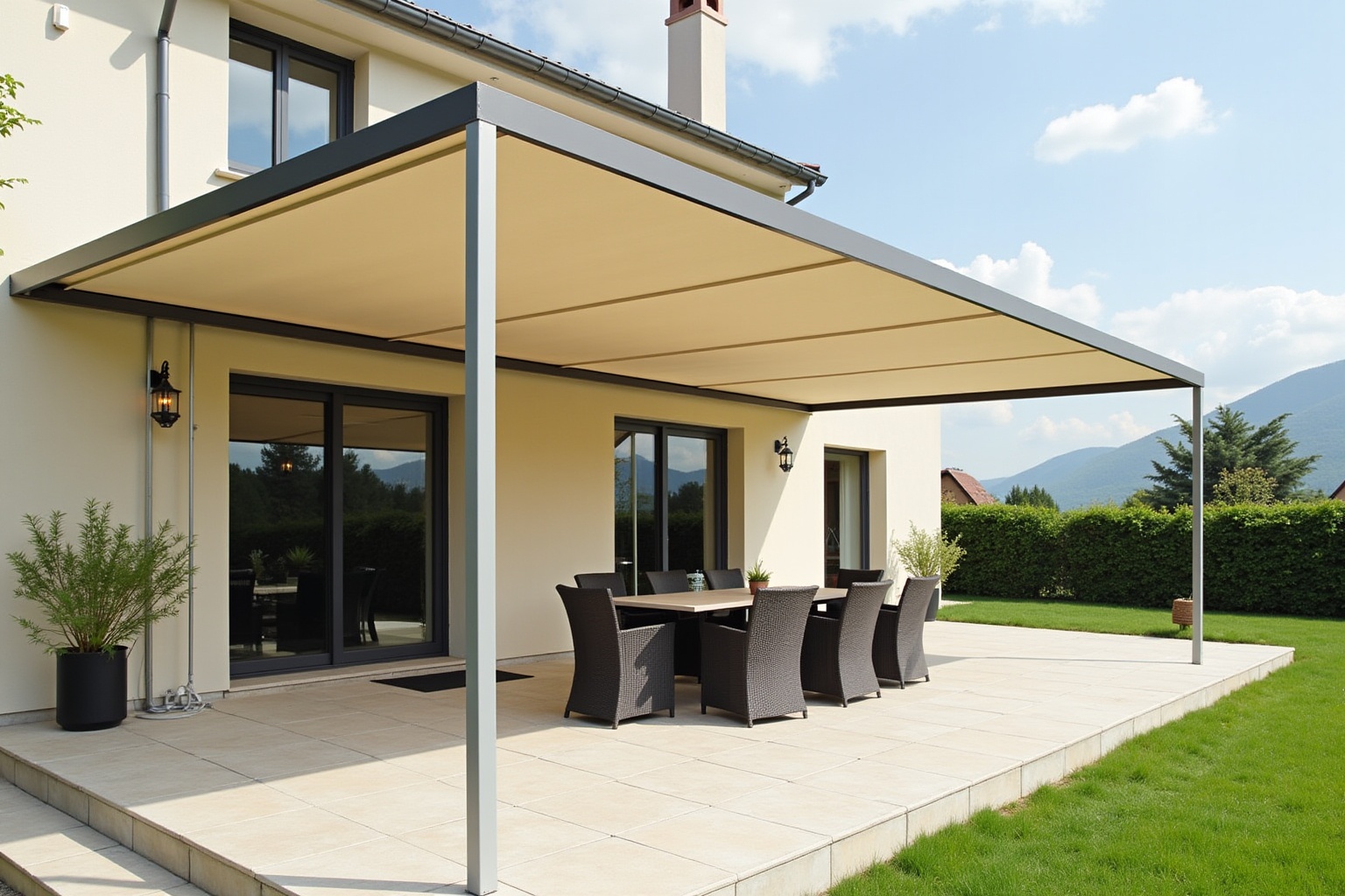 Terrasse couverte avec mobilier de jardin sur pelouse verdoyante.