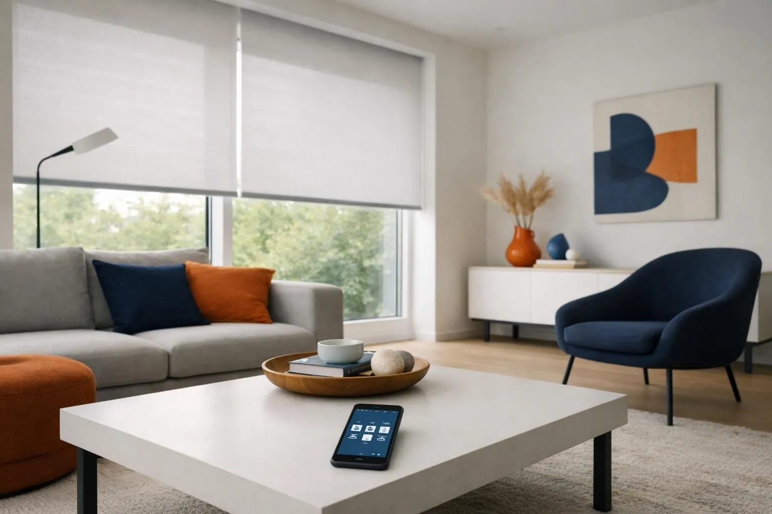Modern Swiss living room with motorized interior roller blinds partially lowered on large windows, smartphone on coffee table showing home automation app, natural daylight filtering through, contemporary furniture, no text or labels visible